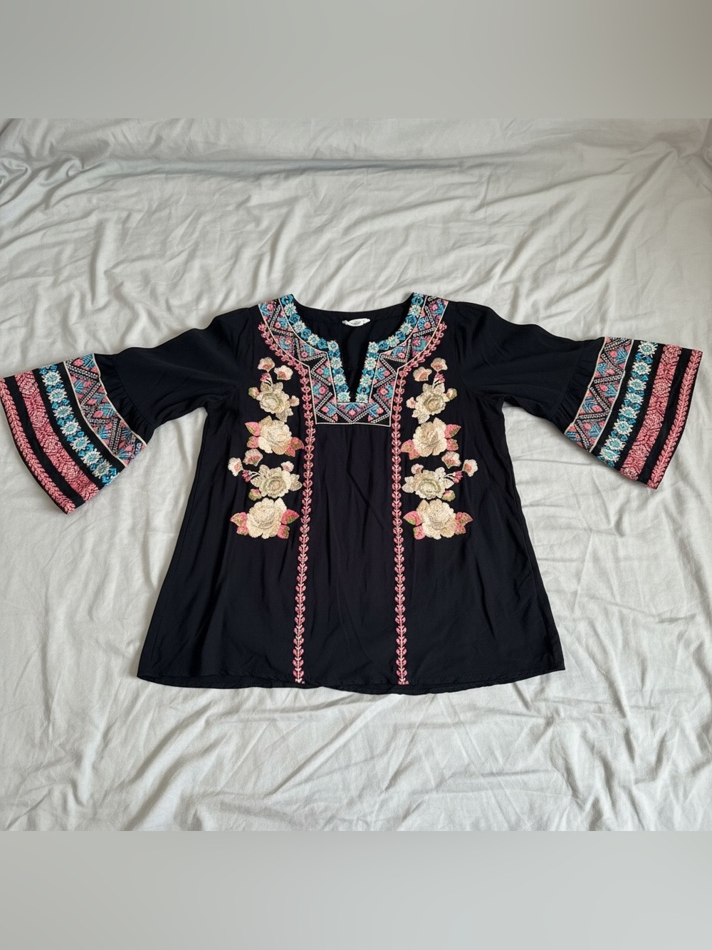 Altar’s State Bohemian Embroidered Tunic with Bell Flared Sleeves